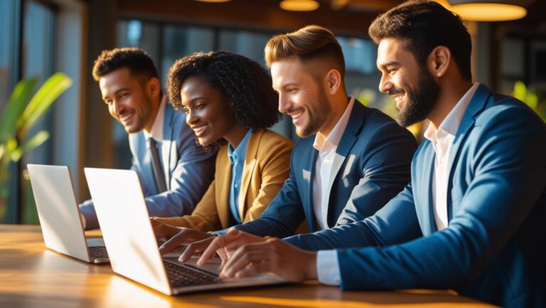 Team working on digital marketing strategies with SEO, Google Ads, social media, and analytics